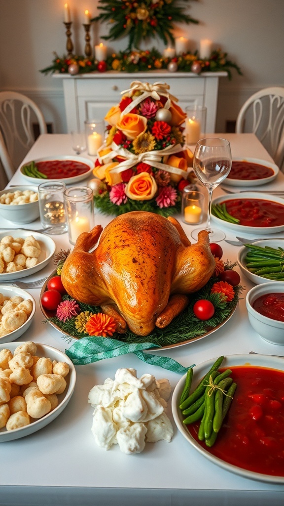 A festive Christmas dinner table with roasted turkey, mashed potatoes, green beans, and decorations.